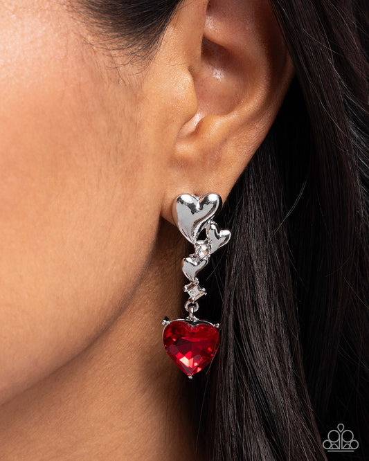 Valentines Vaudeville Red post earrings, alternate view