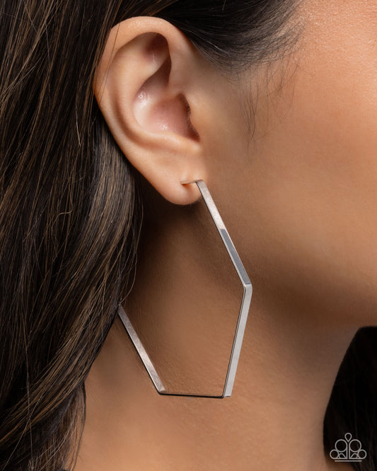 Handcrafted Hexagons Silver hoop earrings, alternate view
