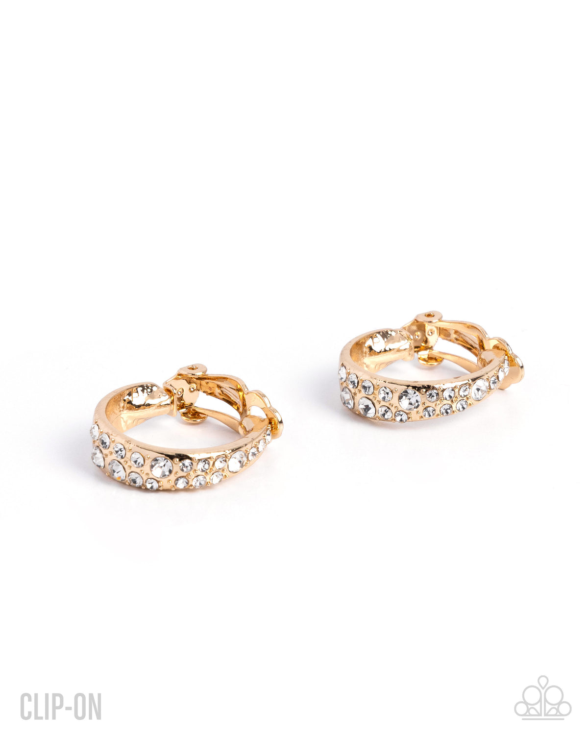 Flashy Fate gold hoop clip-on earrings with white rhinestones and gems