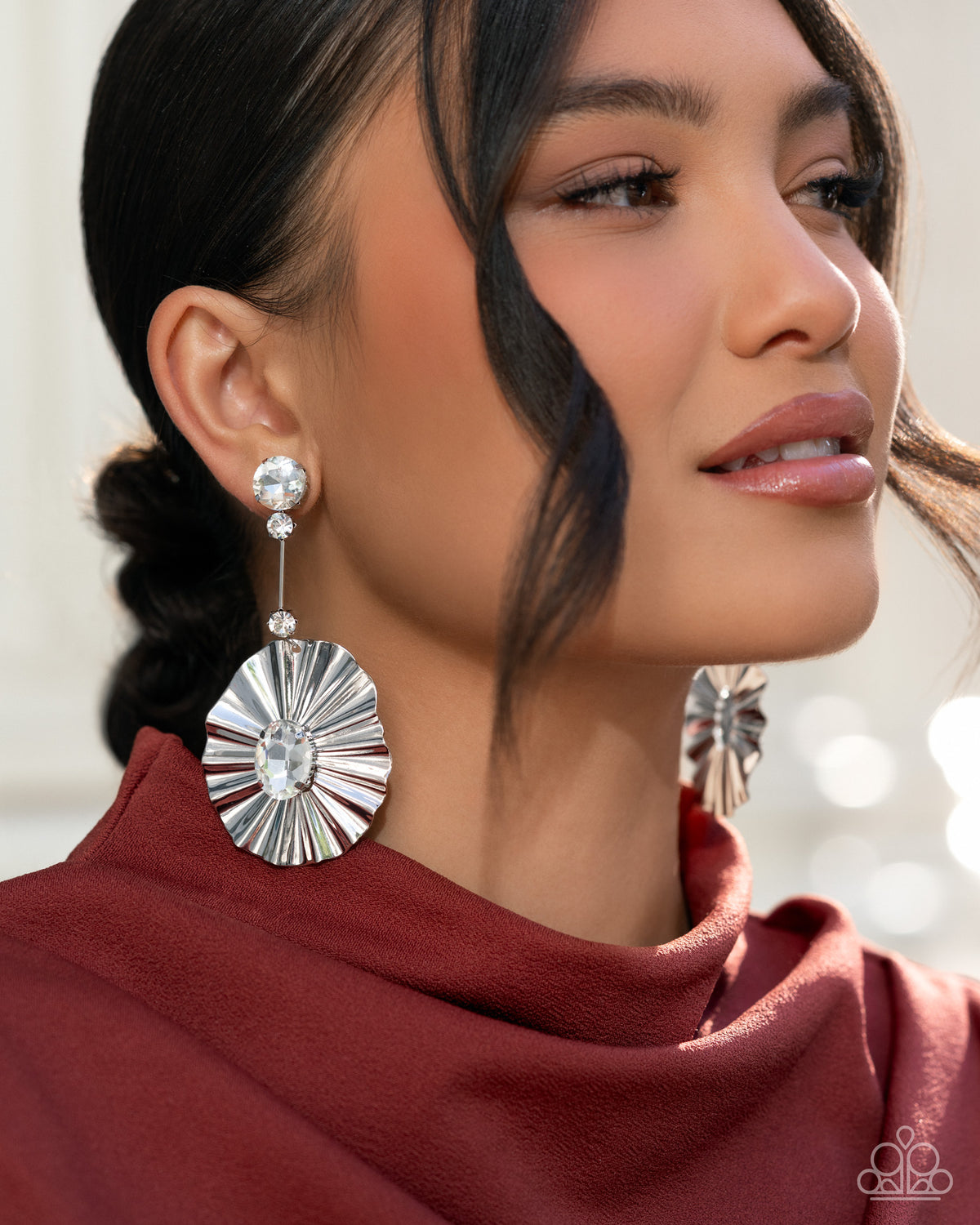Crimped Champion - White | White Gem Statement Earrings - photo 3