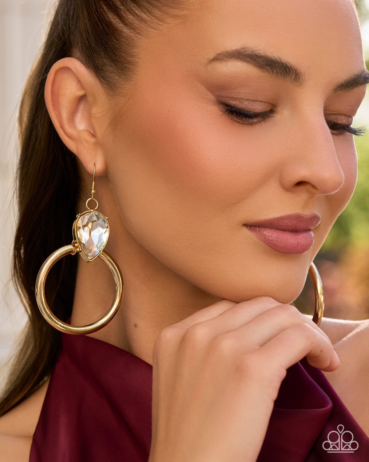 Additional view 2 of Enjoyable Elegance white teardrop and gold hoop earrings
