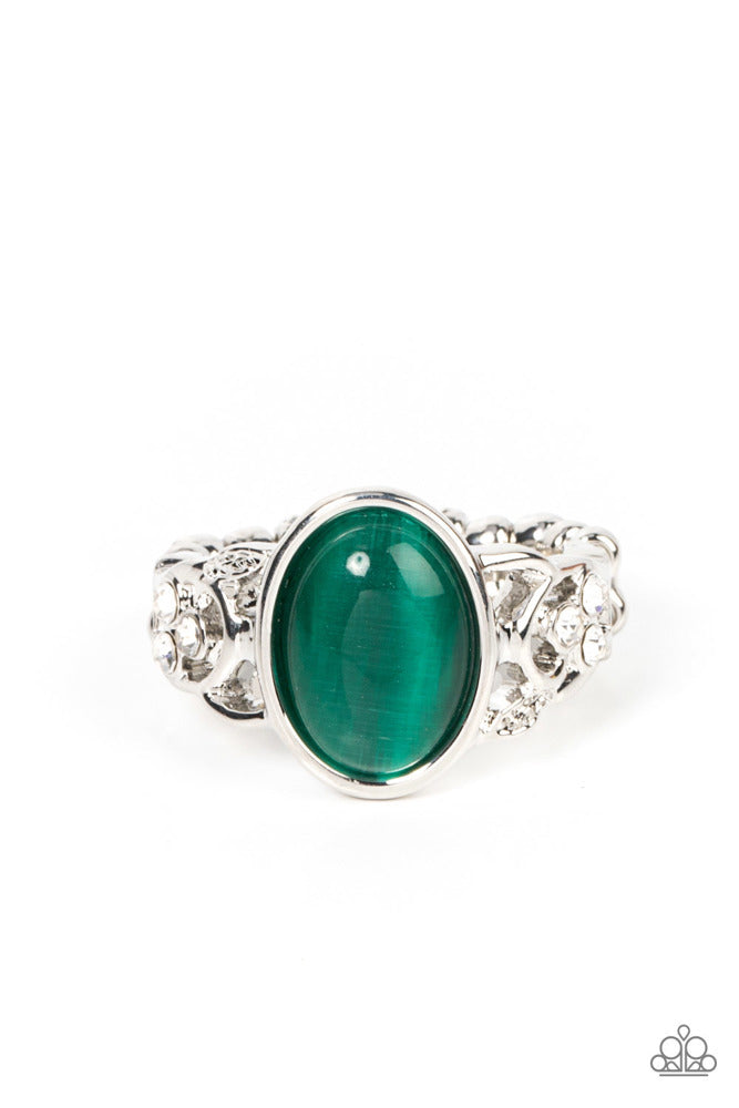 Crystals and Cats Eye Ring - Green
