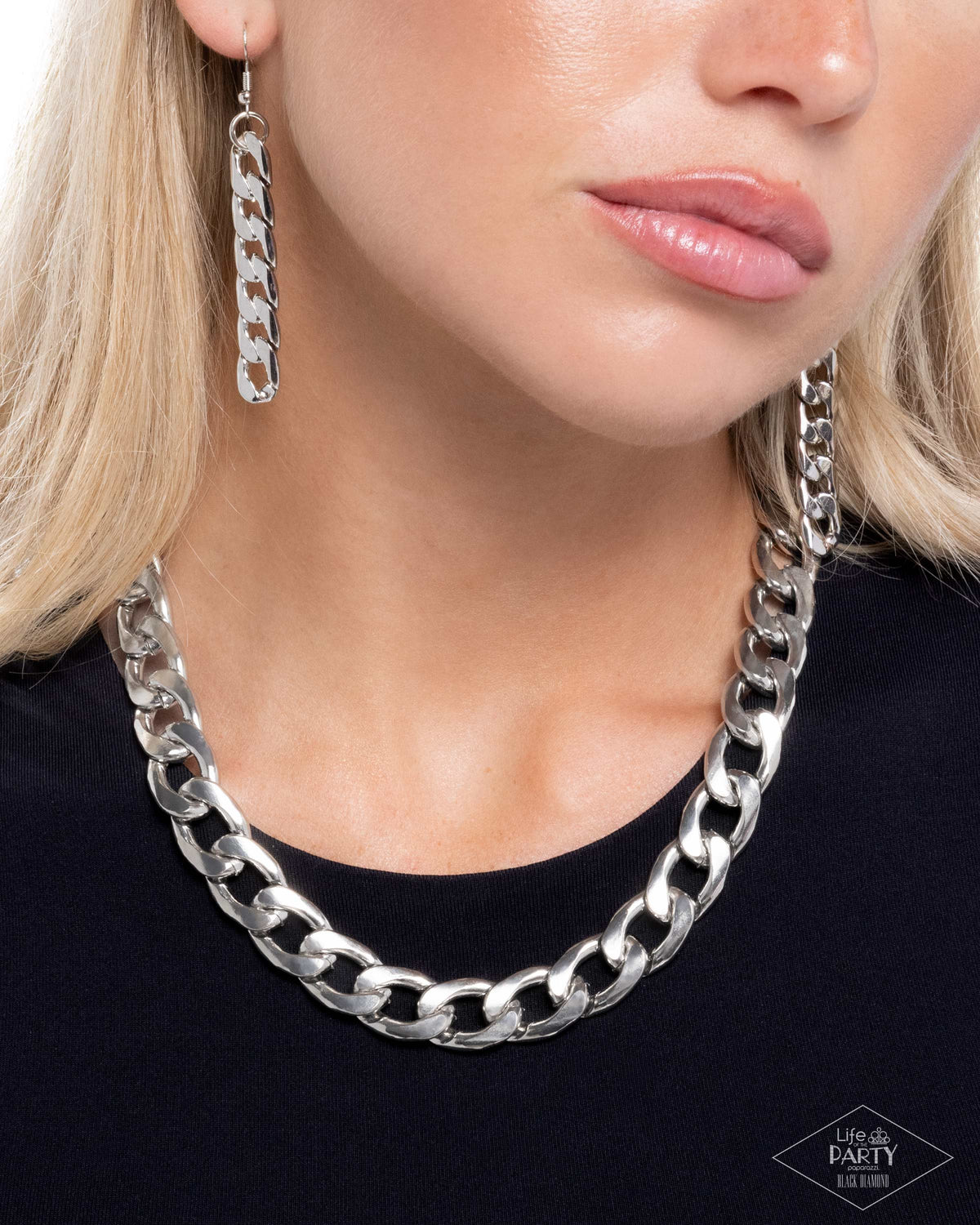 Additional view of Action CURB thick silver curb chain necklace with matching earrings
