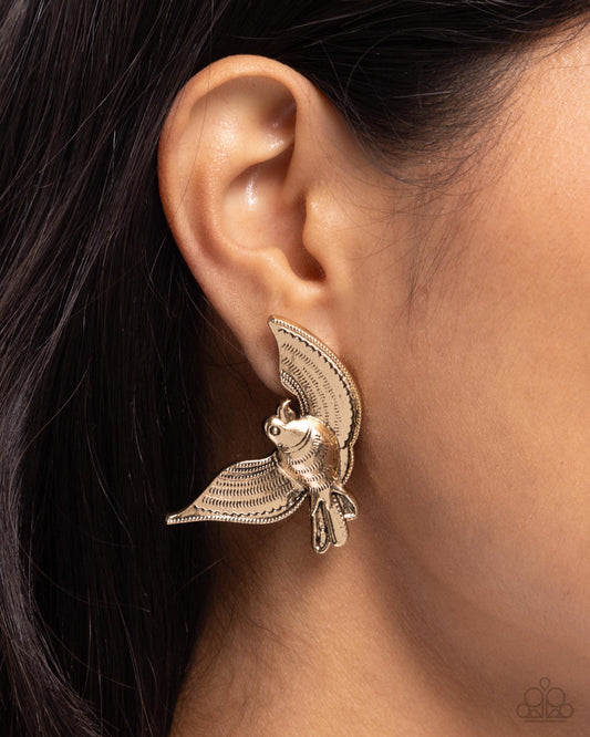 Bird of PLAY Gold post earrings, alternate view