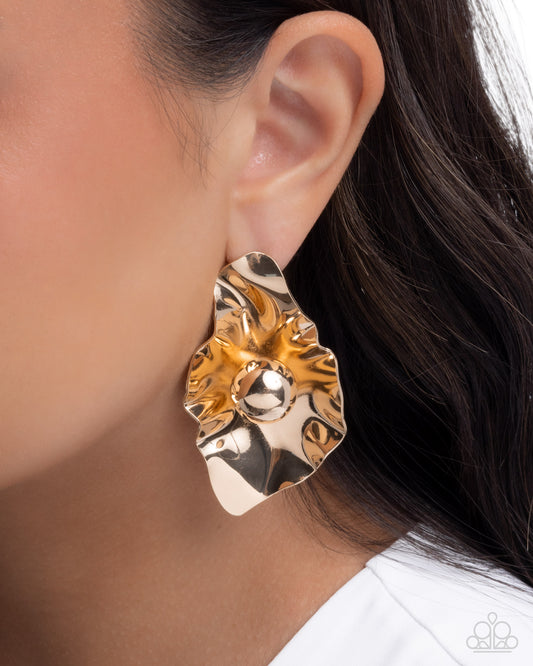 Crinkled Catwalk Gold post earrings, alternate view