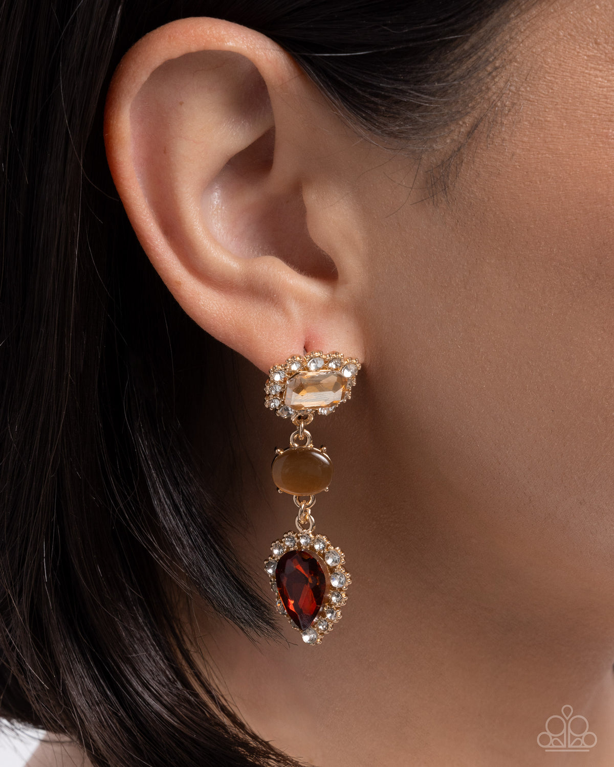 Close-up of Three Is Better Than One brown topaz and cat's-eye earrings