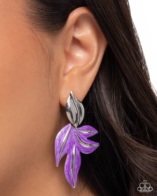 Leafy Lineup Purple post earrings, alternate view
