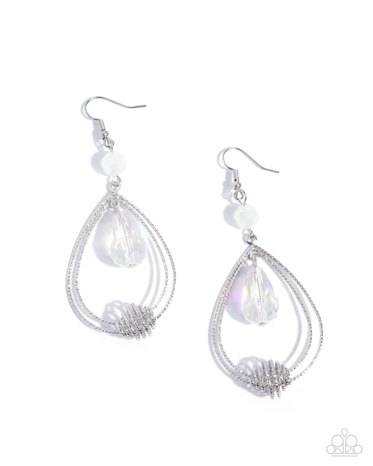 Even Elegance white iridescent teardrop earrings with silver hoops