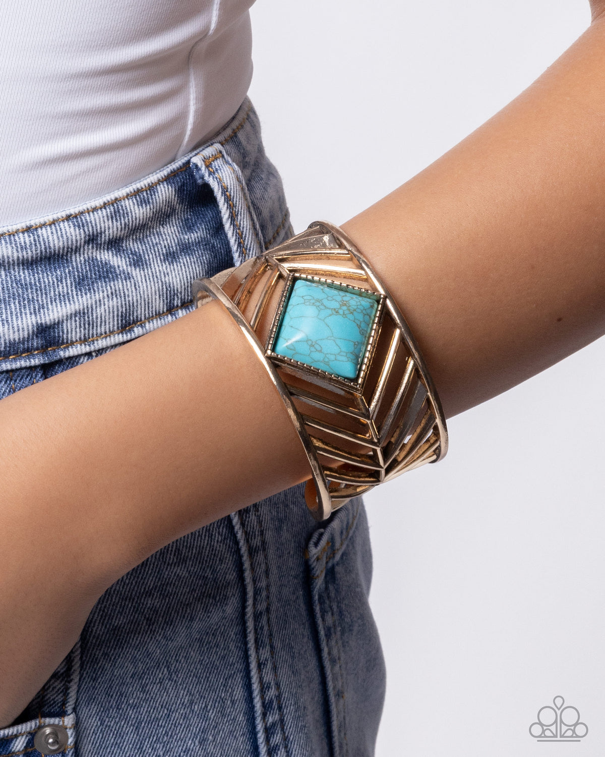 Square Spell - Gold | Gold-Tone Turquoise Stone Cuff Bracelet - photo 2