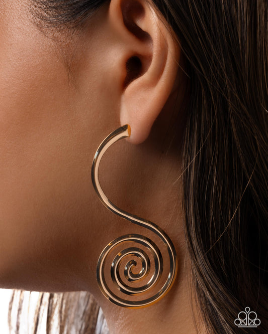 Spiral Showcase Gold post earrings, alternate view