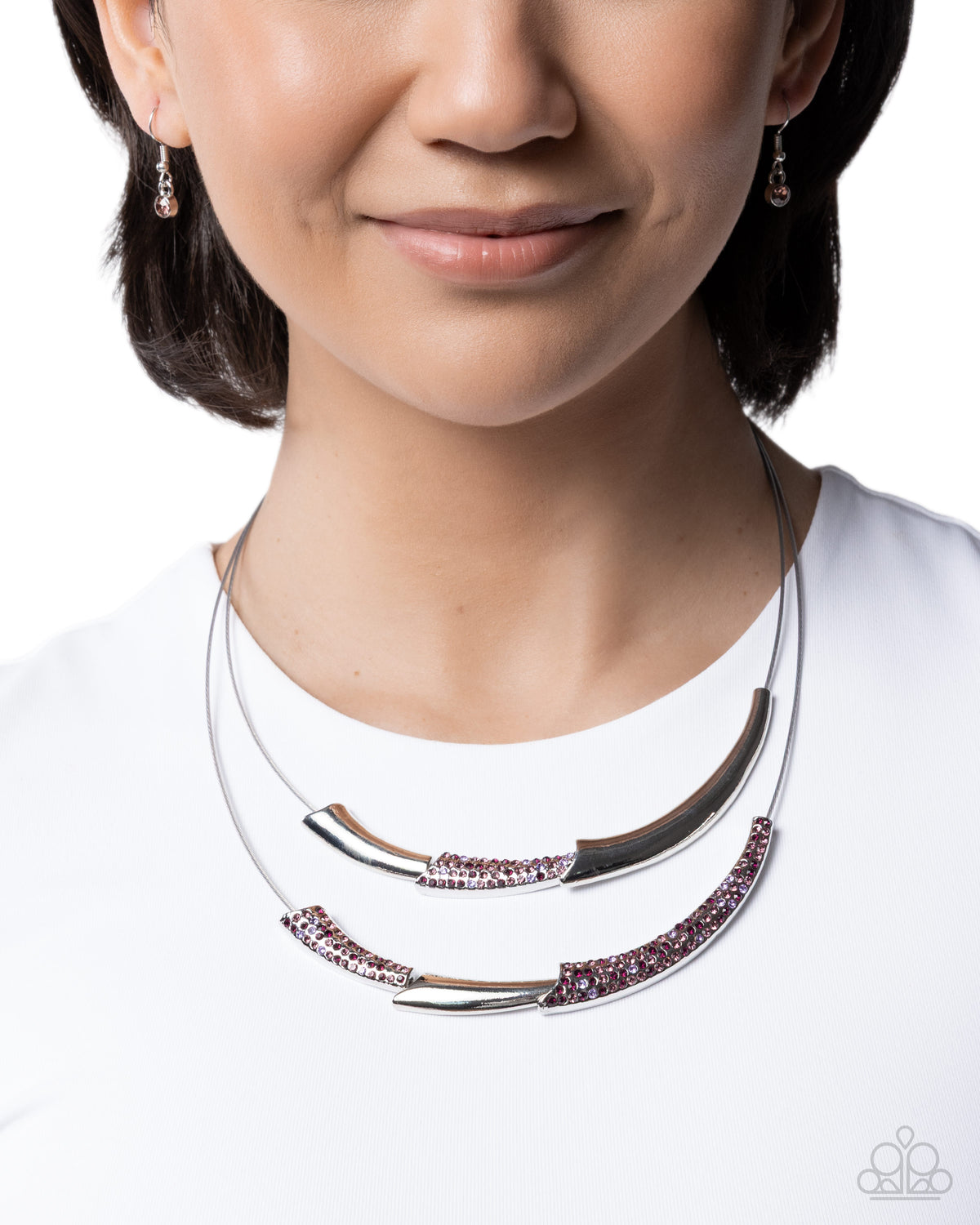 Close-up of Abstract Actress purple and silver rhinestone necklace with matching earrings