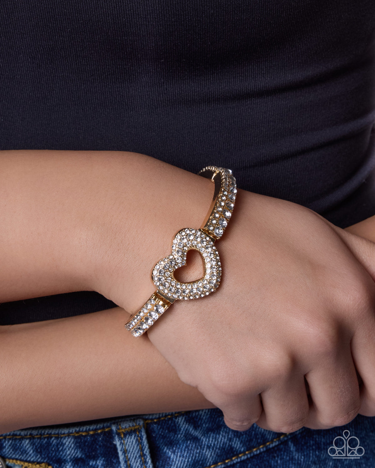 Additional view of Delightful Daydream gold stretch bracelet with rhinestone heart