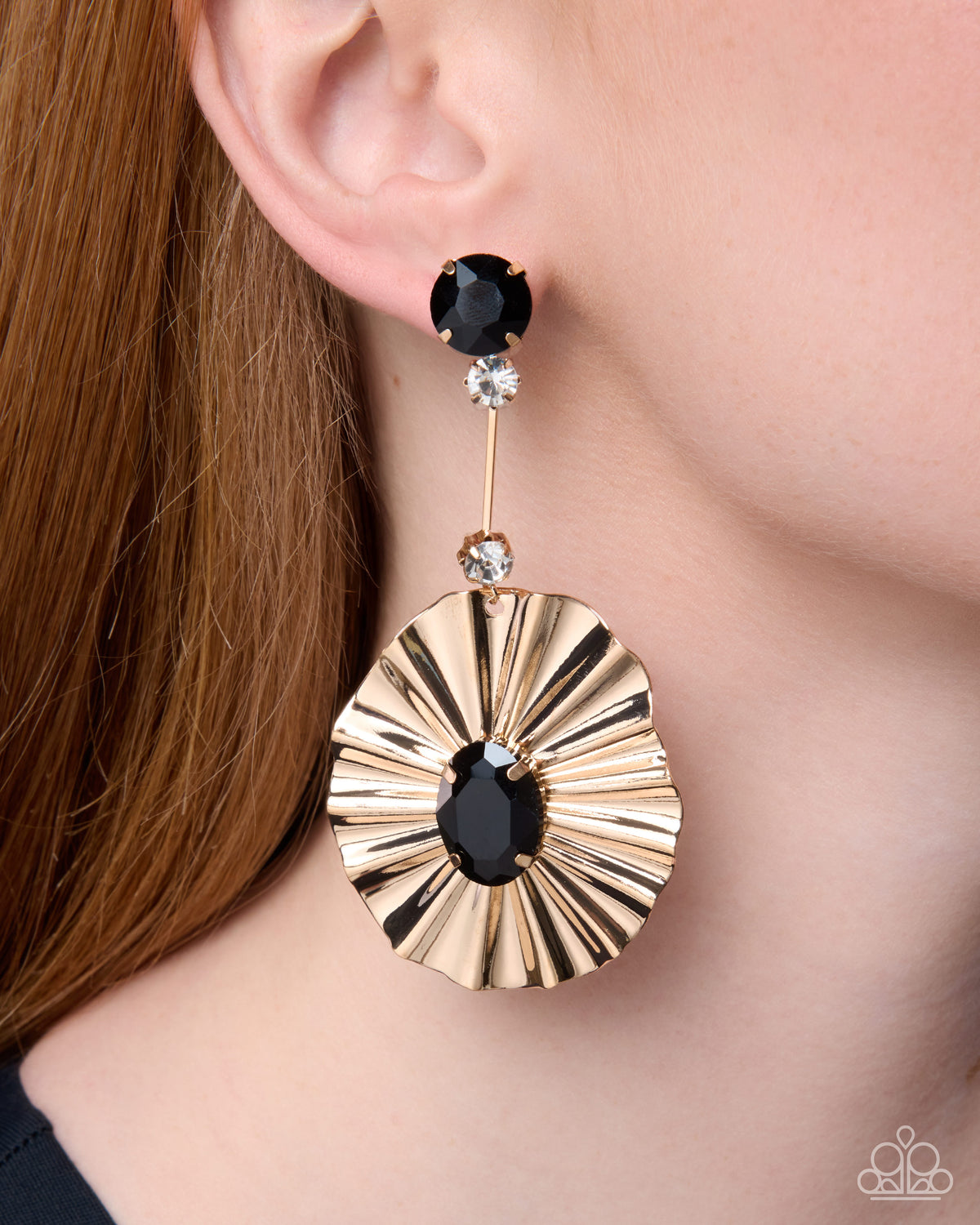 Close-up of Crimped Champion black and white gem drop earrings