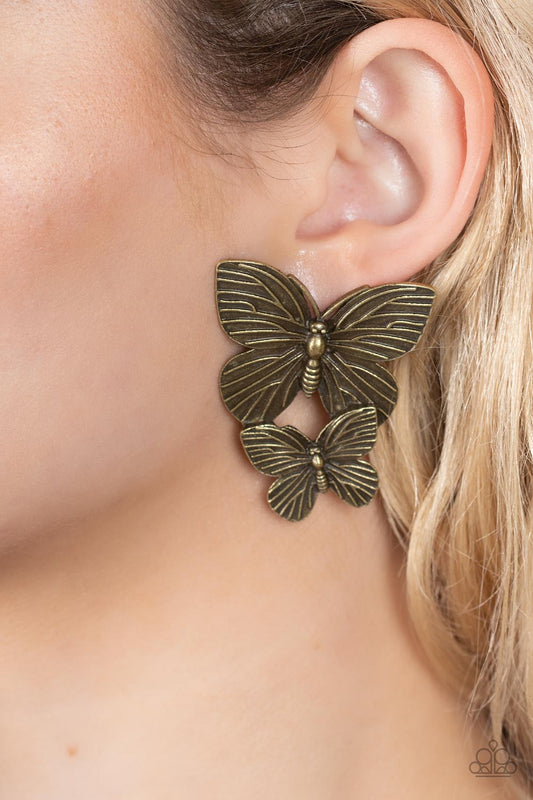 Blushing Butterflies Brass post earrings, alternate view