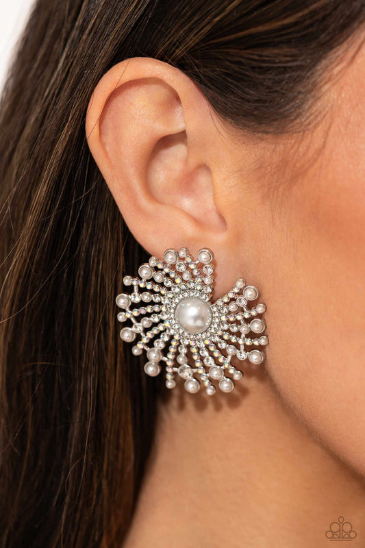 Fancy Fireworks White post earrings, alternate view
