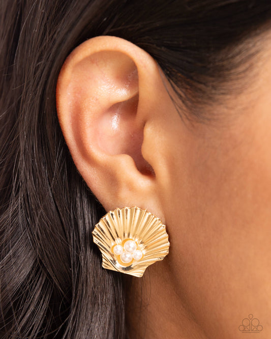 Oyster Opulence Gold post earrings, alternate view